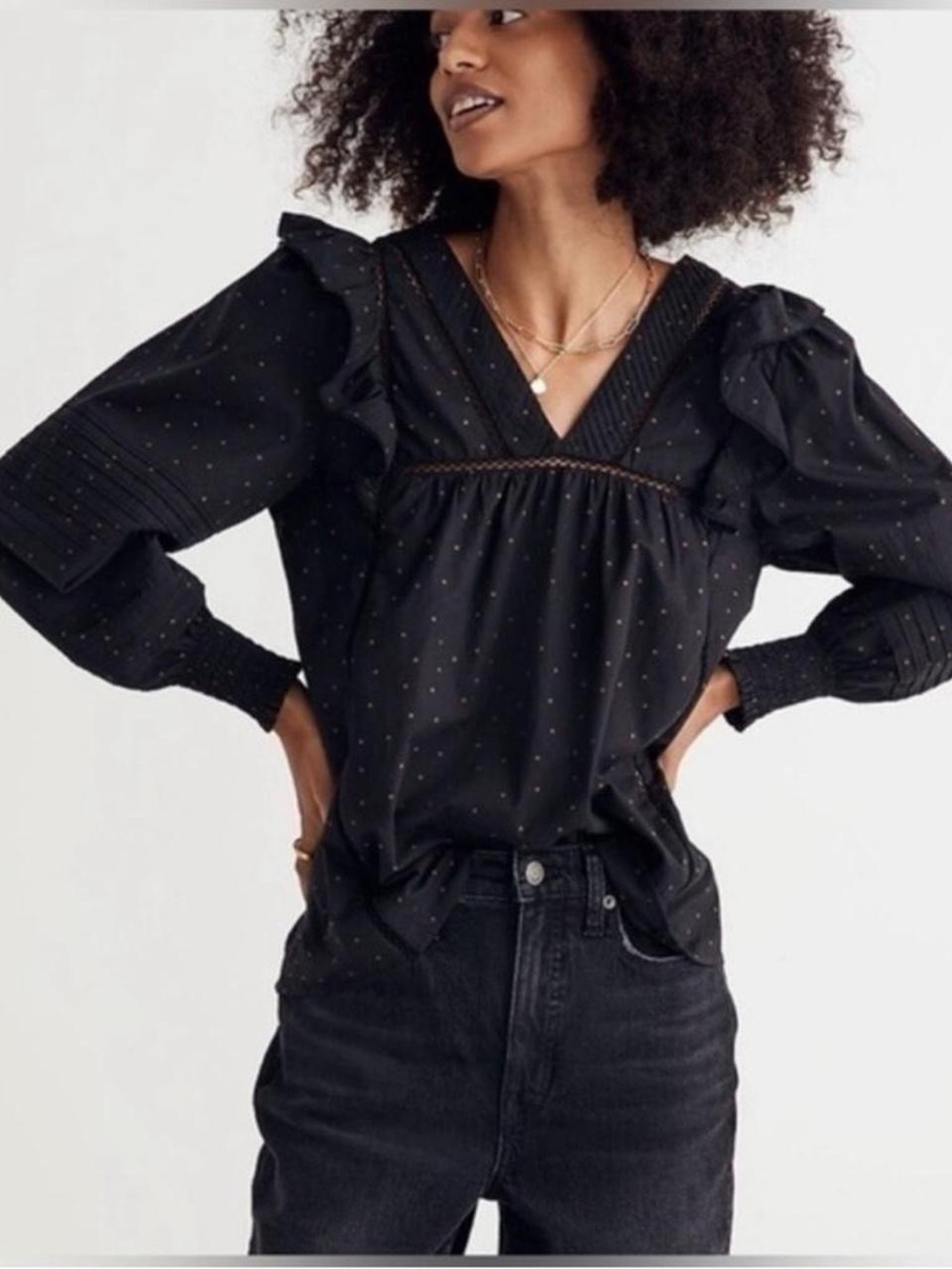 Madewell polka dot XXS ruffled black long‎ sleeve
